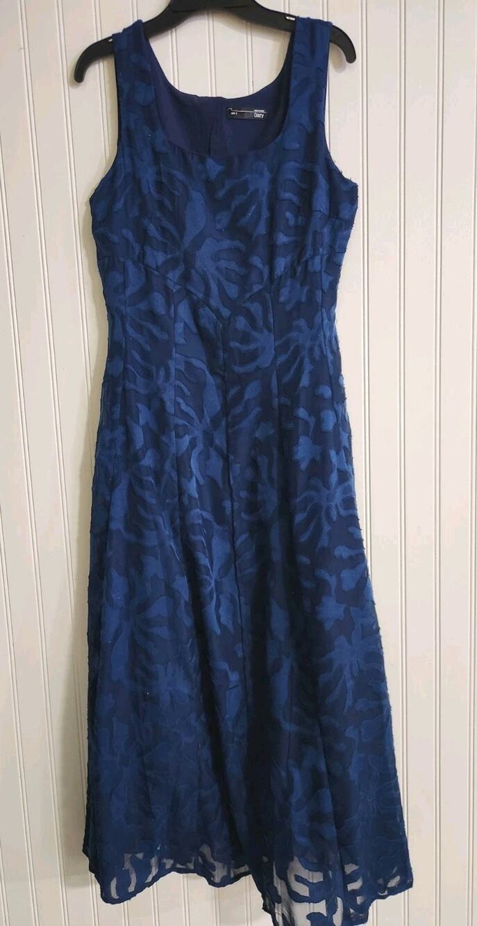 DAZY Floral Organza Lined Blue Midi Dress Back Zip Fit and Flare Size S